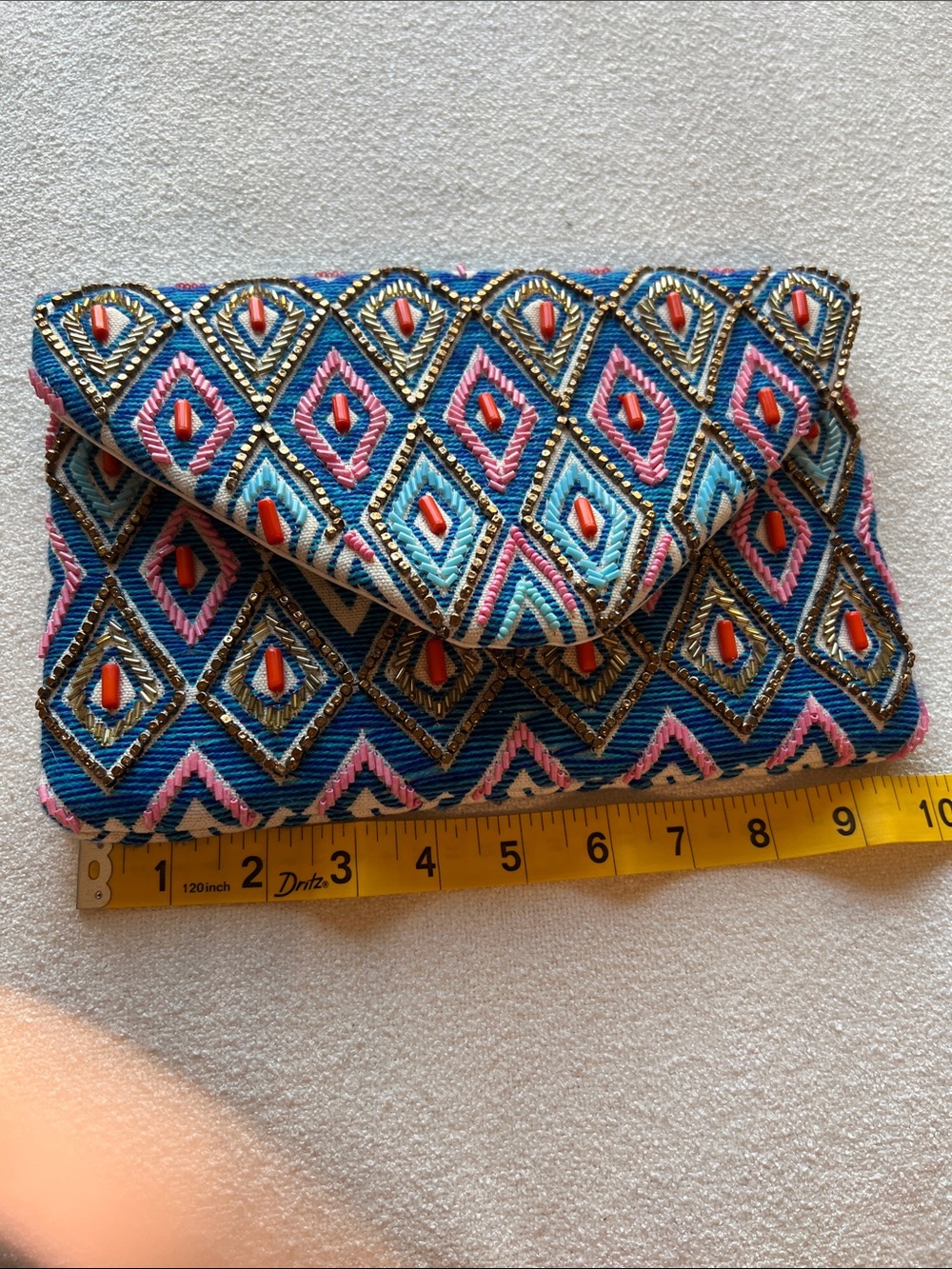 Blue Embroidered Diamond-Pattern Clutch - Picture 6 of 7